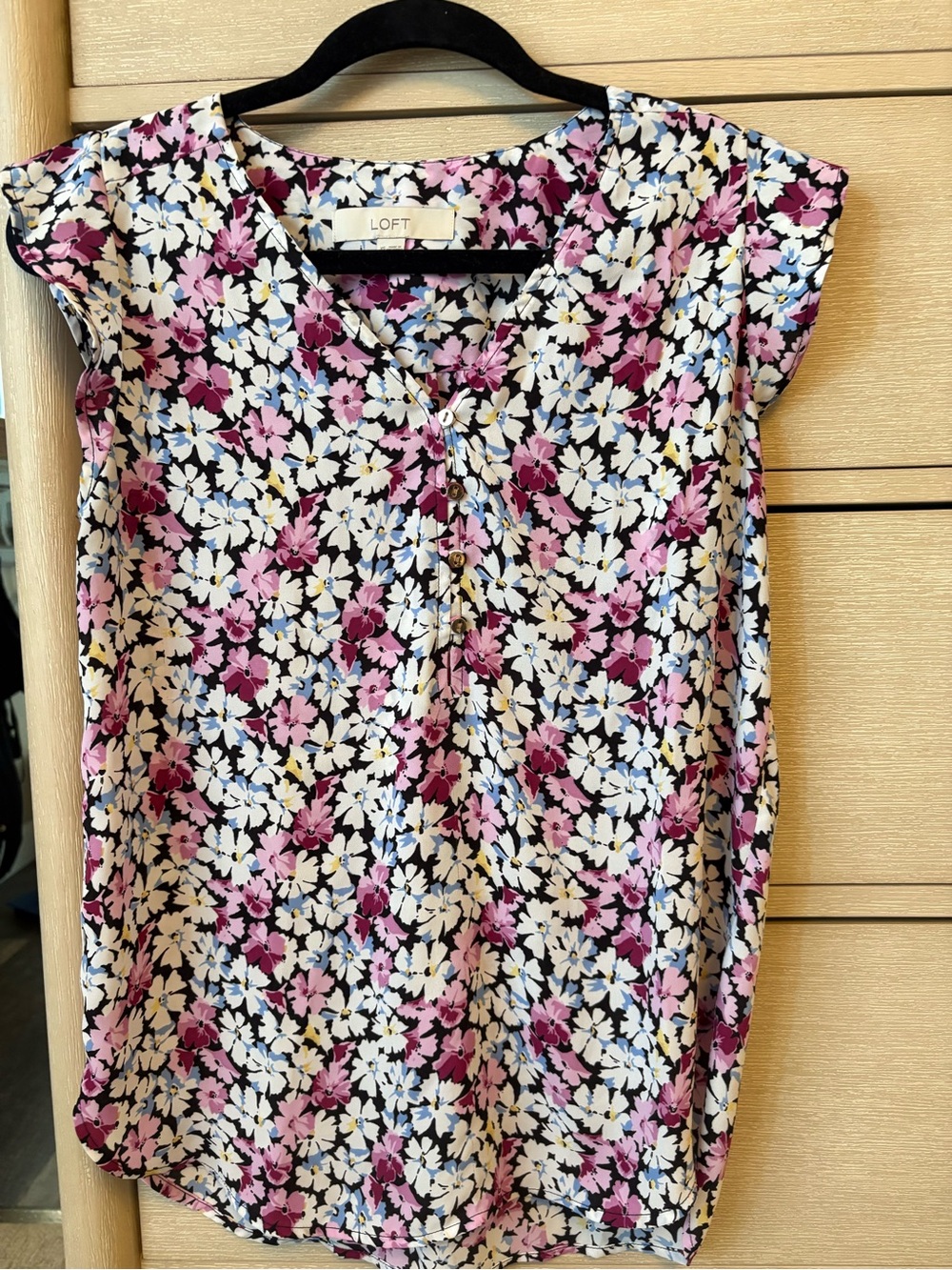 LOFT Floral Cap-Sleeve V-Neck Blouse in Pink and White